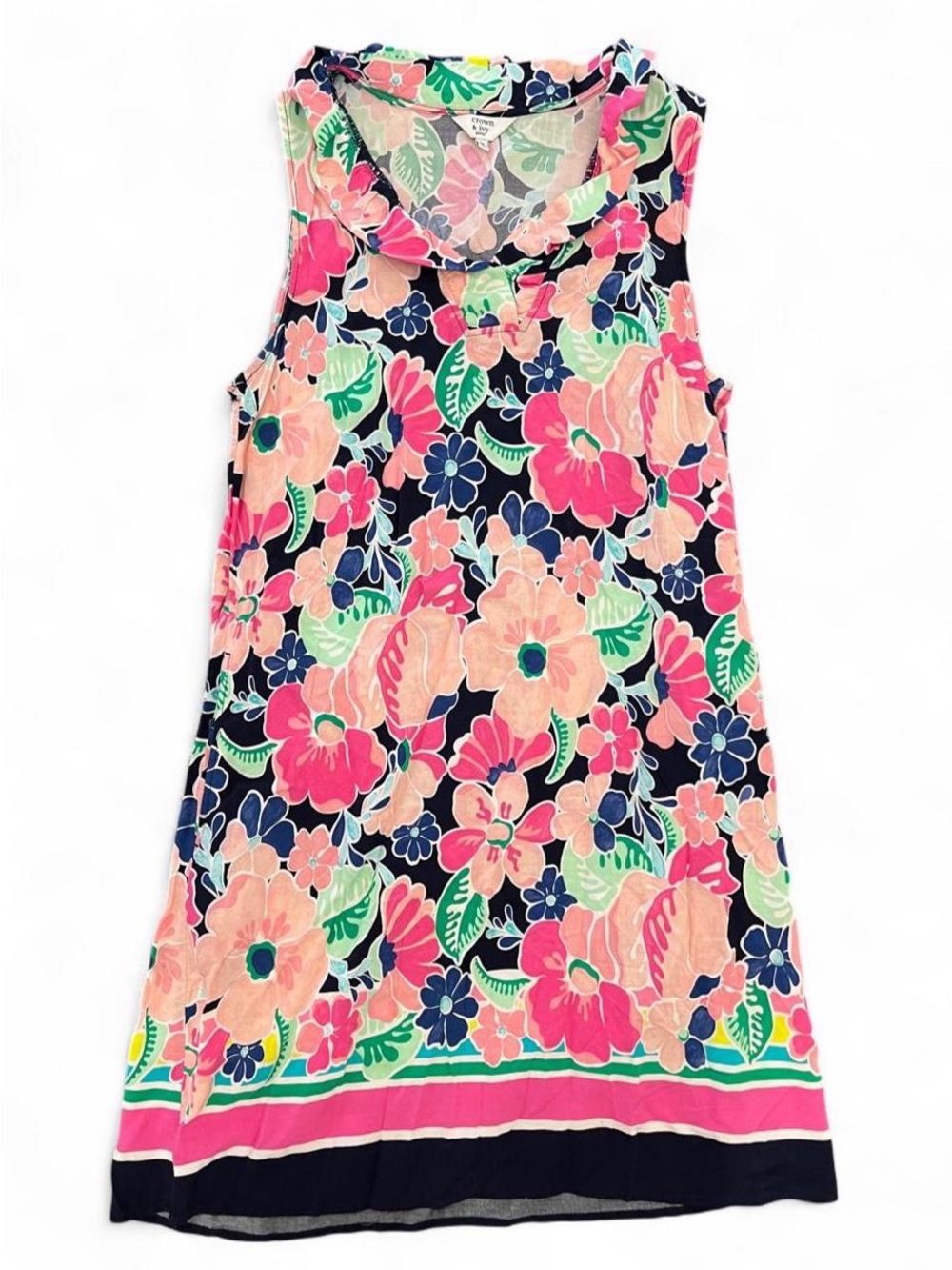 Crown & Ivy Petite Floral Shift Dress PS Navy Pink Green Sleeveless Pockets